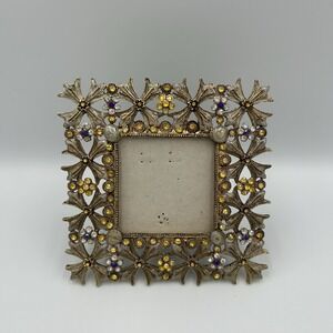 Vintage Ornate Rhinestones Picture Frame Photo Gems Shabby Chic Distressed Metal